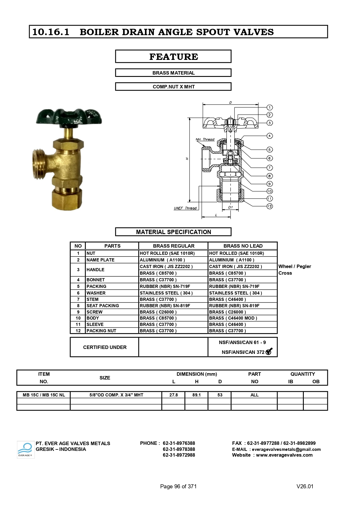 BOILER DRAIN ANGLE SPOUT VALVES MB15C